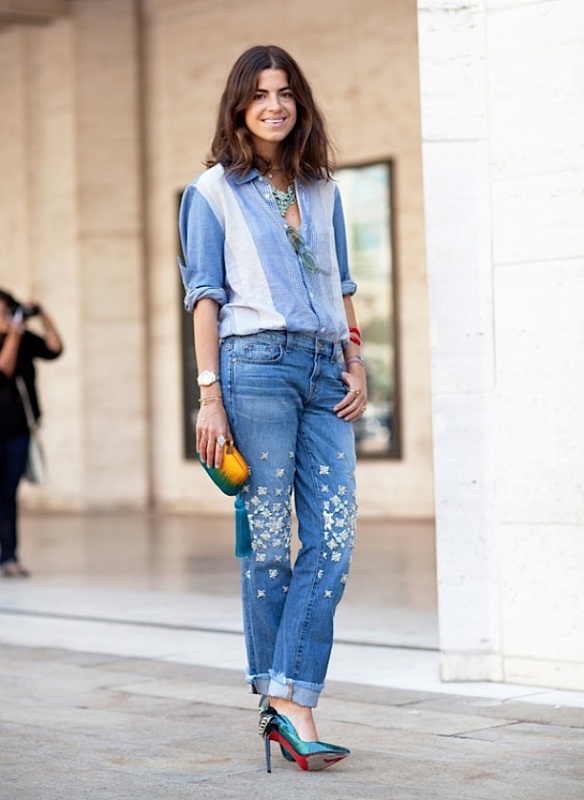 STREET-STYLE-FASHION-WEEK-BLOGGER-STYLE-LEANDRA-MEDINE-MAN-REPELLER-DENIM-ON-DENIM-CANADIAN-TUXEDO-CHAMBRAY-SHIRT-PATCHWORK-RHINESTONE-STUDDED-JEANS-CUFFED-ROLLED-ANKLE-LOUBOUTIN-HEELS-PUMPS